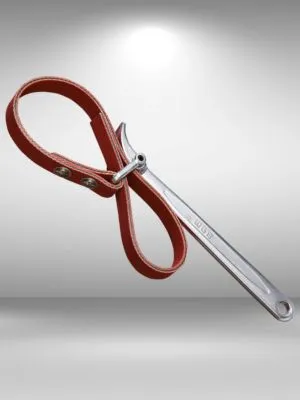 Cinturino in gomma o silicone rosso con gancio o morsetto in metallo, possibilmente per fissare o appendere oggetti