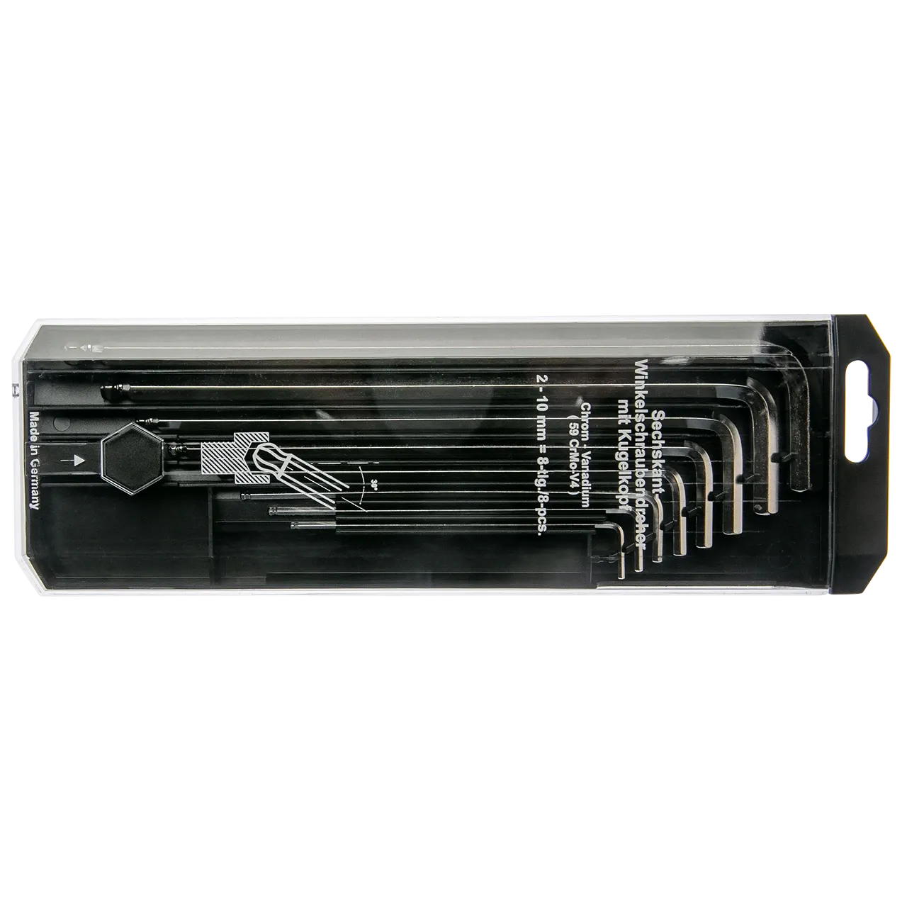 Set of hexagonal Allen keys, conforming to DIN ISO 2936 standard.