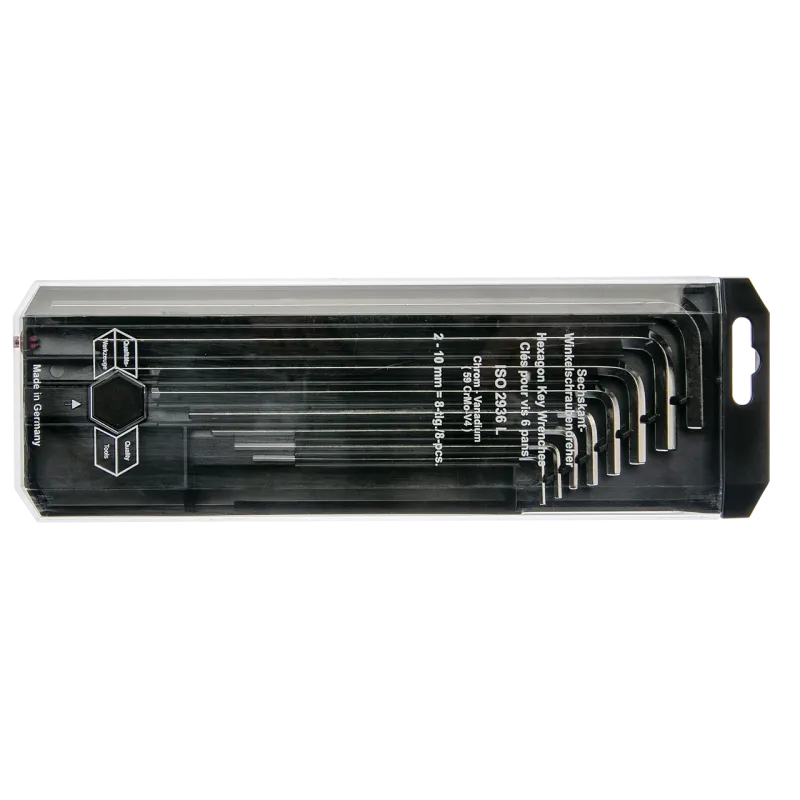 Set of hexagonal Allen keys, conforming to DIN ISO 2936 standard.